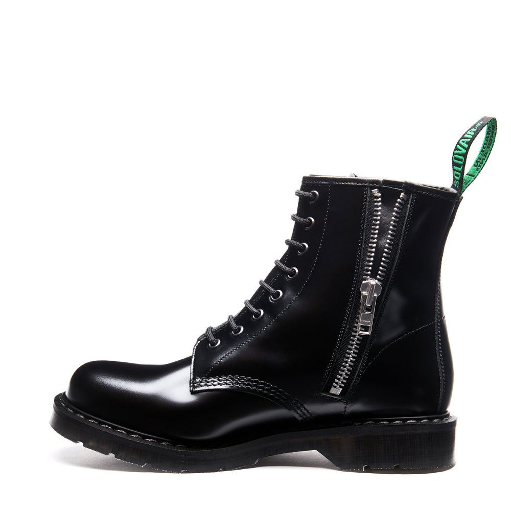 Solovair Classic Black Hi-Shine 8 Eye Zip Derby Boot S8-551-BK-ZIP-G