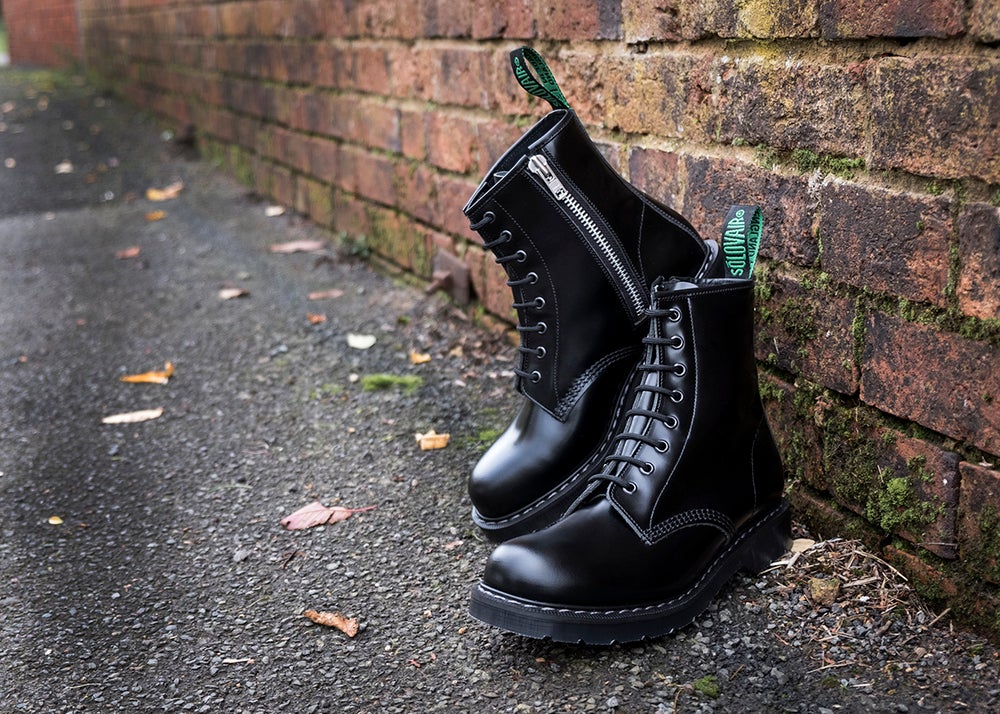 Solovair Classic Black Hi-Shine 8 Eye Zip Derby Boot S8-551-BK-ZIP-G