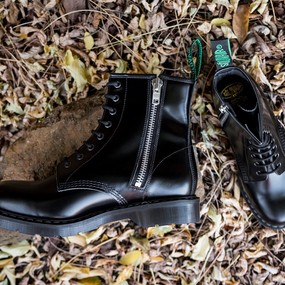 Solovair Classic Black Hi-Shine 8 Eye Zip Derby Boot S8-551-BK-ZIP-G